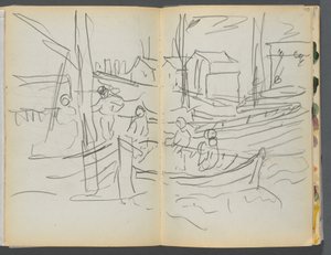 Skizzenbuch - The Granite Shore Hotel, Rockport, Seite 114 & 115: Figuren auf einem Segelboot von Maurice Prendergast