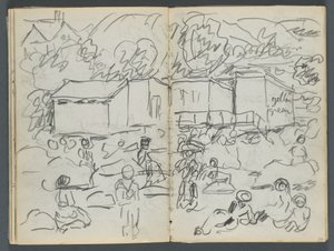 Skizzenbuch, Die Dells, Nr. 127, Seite 114 & 115: Landschaft mit Figuren und Gebäuden