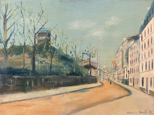 Rue Lepic, Montmartre, mit dem Moulin de la Galette und der Sacre Coeur von Maurice Utrillo