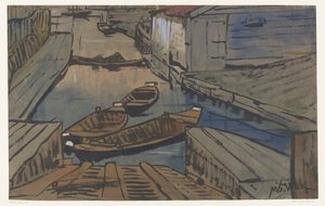Boote in einem Graben zwischen Scheunen
