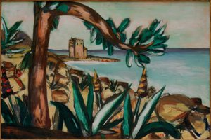 Meerlandschaft mit altem Schloss und Agaven