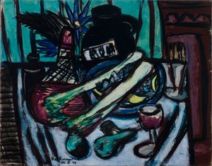 Stillleben mit Chianti-Flasche und Sellerie von Max Beckmann