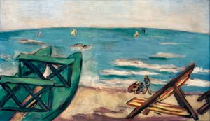 Strand mit Boot und Liegestuhl