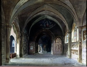 Dekoration für „Die Meistersinger“ oder „Die Meistersinger von Nürnberg“, Oper von Richard Wagner. Bühnenbild von Bruckner, Akt I. Wagner-Museum Bayreuth von Max Bruckner
