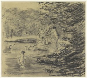 Badende Jungen in einem Waldteich