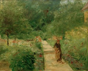 Der Nutzgarten in Wannsee nach Westen, auf dem Wege eine Gärtnerin von Max Liebermann