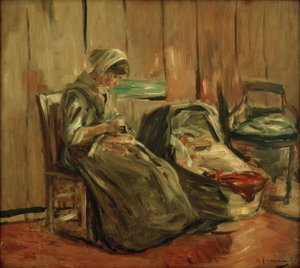 Interieur mit nähender Frau
