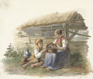 Mädchen und Junge mit einem Körbchen junger Vögel von Maximilienne Guyon