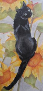 Schwarze Katze unter Sonnenblumen von Maxine Shore