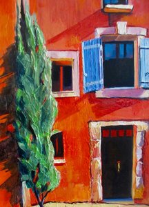Rotes Haus mit blauen Fensterläden von Maxine Shore