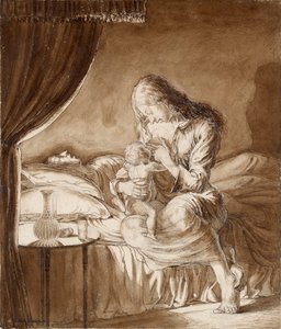 Nachtszene - Frau füttert ihr Kind, ca. 1900er