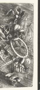 Adler auf Waffentrophäen mit verschiedenen Waffen von Meester van 1515