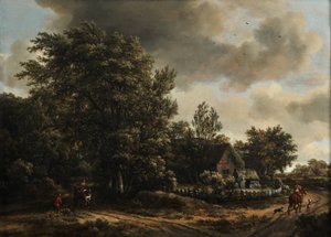 Waldlandschaft mit Reisenden auf einer Straße bei einem Cottage von Meindert Hobbema