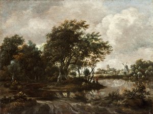 Landschaft mit Anglern und einer fernen Stadt von Meindert Hobbema