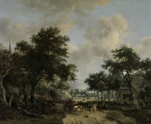 Waldlandschaft mit fröhlicher Gesellschaft in einem Wagen von Meindert Hobbema