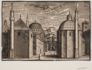 3 Moscheen, jede mit 1 Minarett; am Himmel ein fliegender Drache mit langem Schwanz von Melchior Lorck