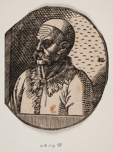 Büste eines Mannes mit Bart und Kalotte; 3/4 Profil nach links von Melchior Lorck