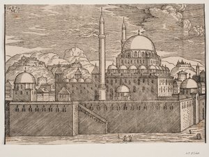 Idealisiertes Bild der Bayazidiye-Moschee, von Südosten gesehen von Melchior Lorck