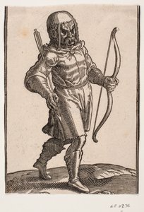 Soldat, gehend nach rechts; Stiefel und kniekurze Tracht; in der linken Hand ein Bogen, in der rechten Hand ein Pfeil