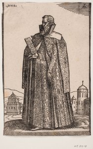 Stehender Botschafter in europäischer (venezianischer?) Tracht, 3/4 Profil nach links; in der rechten Hand hält er ein Briefetui von Melchior Lorck
