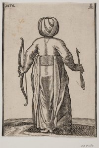 Stehender Bogenschütze, von hinten gesehen; in der linken Hand ein Bogen, in der rechten Hand ein Pfeil