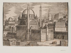 Unidentifizierte Moschee mit 2 Minaretten, von Nordosten gesehen; im Vordergrund Baustelle mit gestapelten Bausteinen von Melchior Lorck