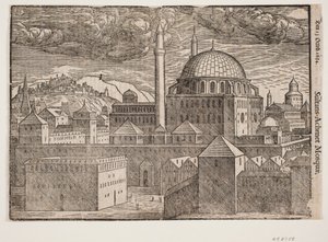 Unidentifizierte Moschee mit 2 Minaretten, von Südosten gesehen; links ein Berg mit befestigter Stadt von Melchior Lorck