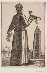 Unverschleierte Frau von hinten gesehen; in jeder Hand hält sie einen blühenden Rosenast von Melchior Lorck