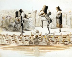Giuseppe Verdi (1813-1901), italienischer Komponist bei Proben von „Ein Maskenball“ mit Tenor Fraschini und Sopran Fioretti. Karikatur von Melchiorre Delfico. Mailänder.