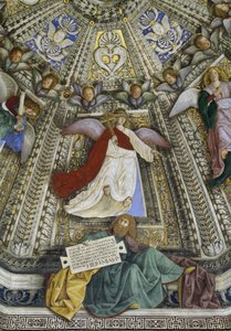 Der Prophet Jeremia und ein Engel, Kuppel der Sakristei von Sankt Markus, Santuario della Santa Casa, Loreto, ca. 1477-93 (Fresko) von Melozzo da Forli