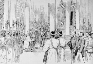 Lord Dufferin hält Audienz im Großen Thronsaal des Palastes von Mandalay, aus 