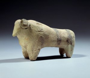 Medopotamien: Terrakotta-Stierfigur mit bemalten Streifen. Obeid-Periode von Mesopotamian Mesopotamian