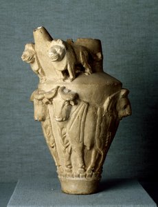 Mesopotamische Kunst: Ritual-Kalksteinvase mit Stieren und Löwen. Sun. h. 30,2 cm. Von der Stätte Uruk (oder Uruk), Irak. Bagdad, Archäologisches Museum