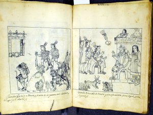 Ms Hunter 242 256v-257r Cortez und Montezuma, aus Historia de Tlaxcala von Diego Munoz Camargo