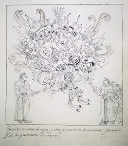Franziskanermönche verbrennen traditionelle Bücher und Kleidung, aus Historia de Tlaxcala von Diego Muñoz Camargo von Mexican School