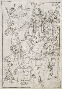 Christoph Kolumbus bietet symbolisch die Neue Welt Karl V. an, aus Historia de Tlaxcala von Diego Muñoz Camargo von Mexican School