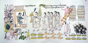 Der Tlaxcalan-Häuptling Maxixcatzin überreicht Hernando Cortes (1485-1547) einen Blumenstrauß und andere Geschenke als Willkommenszeichen, Illustration aus einer Faksimile einer mexikanischen indianischen Bildgeschichte von Mexican School