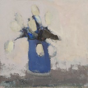 Weiße Tulpen blauer Krug, 2017