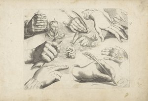 Studienblatt mit Zeichenbeispielen: Hände und Porträt von Hendrick Goltzius von Michael Snijders