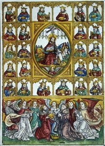 Jesus umgeben von den Symbolen der vier Evangelisten und vielen Königen mit Harfen und Goldbechern von Michael Wolgemut or Wolgemuth