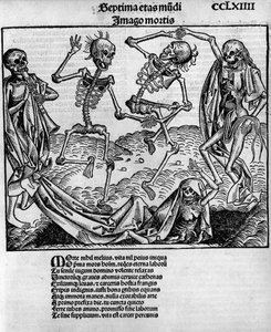 Makabre Tanzszene, mit Skeletten, - in „Chronicles of Nuremberg“ von Hartmann Schedel (1440-1514), herausgegeben in Nürnberg von Anton Koberger, 12. Juli