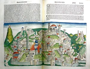 Die aufständische Stadt Jerusalem, zerstört von Kaiser Titus, aus der Nürnberger Chronik von Hartmann Schedel, gedruckt 1493 von Michael and Pleydenwurff, W. Wolgemuth