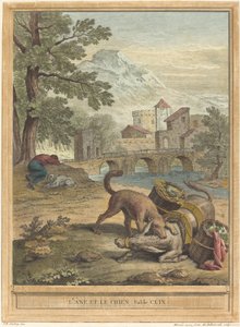 Der Esel und der Hund, veröffentlicht 1756 von Michel Aubert
