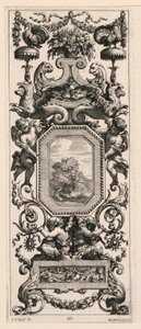Ornamentales Panel mit einem Korb voller Blumen und einer Girlande, Tafel 10 aus dem Livre de Diverses Grotesques peintes dans le Cabinet et Bains de la Reyne Regente, au Palais Royale