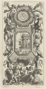 Ornamentales Panel mit einer Büste einer Frau und zwei Putti mit flammenden Trompeten