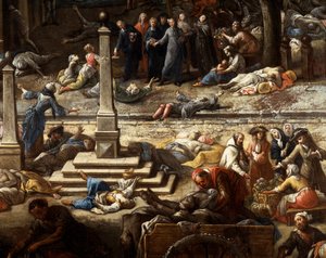 Ansicht des Rathauses während der Pest von 1720