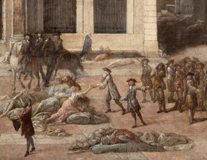 Ansicht des Rathauses während der Pest von 1720