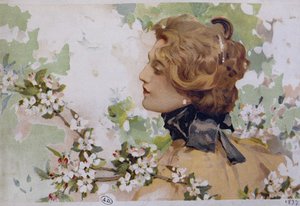 Frau unter den Blumen - Chromolithografie von Simondy von Michel Simonidy