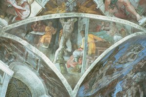 Sixtinische Kapelle Decke: Haman (Zwickel) (vor der Restaurierung) von Michelangelo Buonarroti