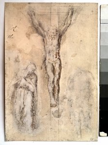 Studie für eine Kreuzigung Darstellung von Christus am Kreuz mit der Jungfrau und dem Heiligen Johannes. Zeichnung von Michelangelo Buonarroti genannt Michelangelo (Michelangelo oder Michel Ange)